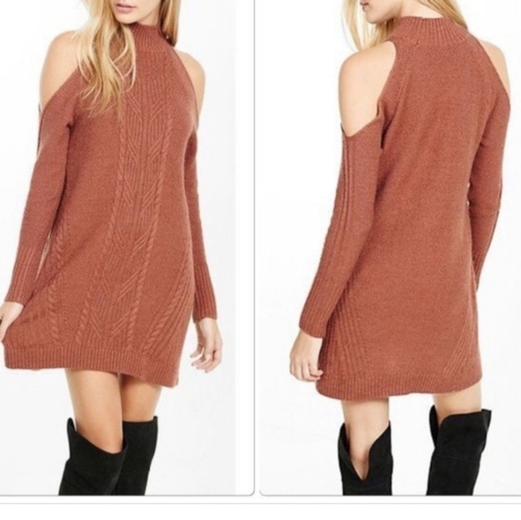 Express Coral High neck cold shoulder Sleeve Sweater Dress, Large - Picture 12 of 12